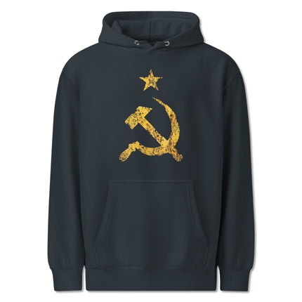 Yellow distressed USSR pullover hoodie with communist hammer and sickle design.