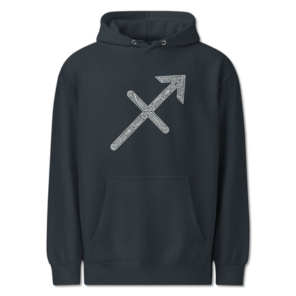 Sagittarius zodiac celtic knot pullover hoodie with celestial archer design.