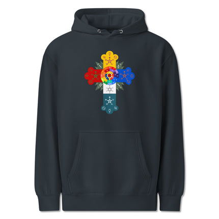 Rosy Cross occult art hoodie featuring sacred geometry graphic designs.
