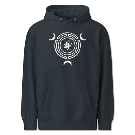 Black hoodie featuring Hekate's Wheel and triple moon goddess symbols.