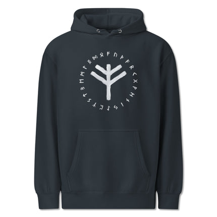 Black pullover hoodie featuring Norse Fehu Wealth Bind runes and Elder Futhark symbols.