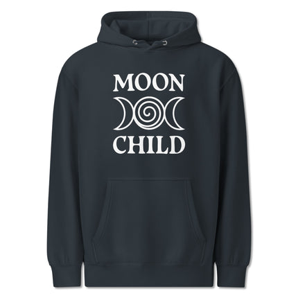Witchy triple moon goddess symbol on a celestial pullover hoodie featuring mystical lunar art.