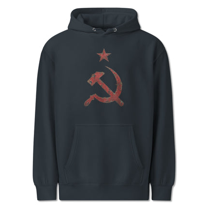 Distressed red pullover hoodie featuring the communist hammer and sickle emblem.