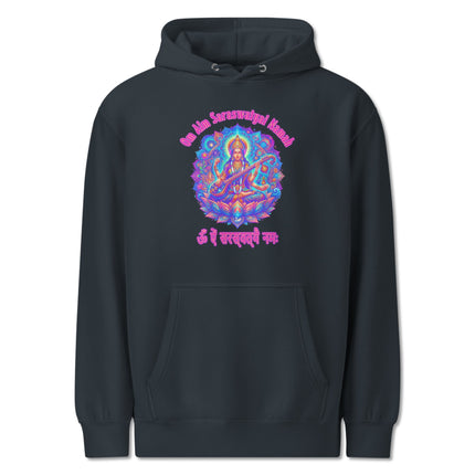 Saraswati Goddess mantra hoodie featuring Om Aim Saraswatyai Namah print on fleece pullover.