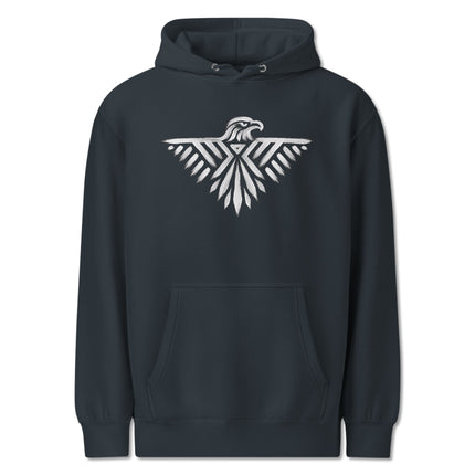 Thunderbird and tribal eagle symbol graphic print on a cozy pullover fleece hoodie.