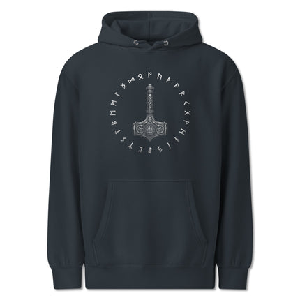 Thor's Mjolnir hammer and Norse rune design on a black viking pullover hoodie.