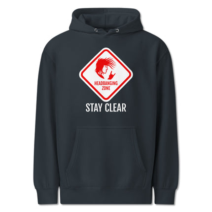Rock music graphic hoodie featuring "Headbanging Zone" text and metal rock aesthetic print.