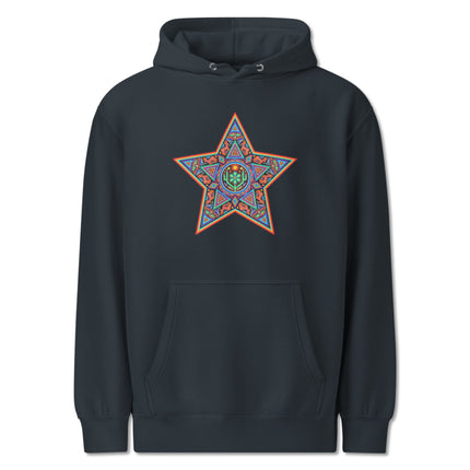 Vibrant Huichol Star geometric art hoodie featuring indigenous patterns on a cozy fleece pullover.