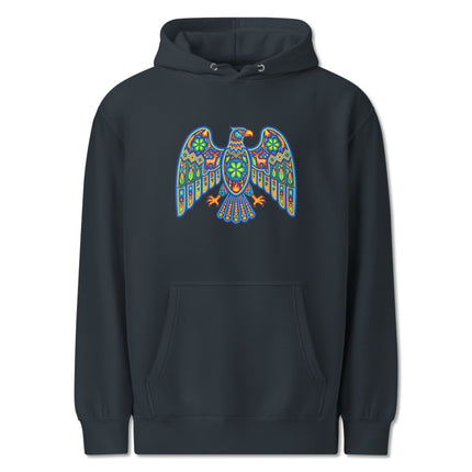 Colorful Huichol eagle artwork featuring indigenous Mexican patterns on a pullover hoodie.