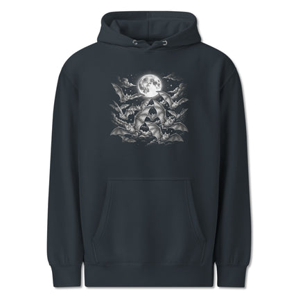 Gothic full moon hoodie featuring flying bats graphic on a dark night sky pullover fleece.