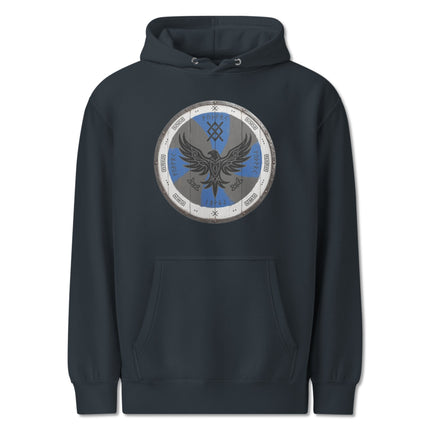 Viking raven shield hoodie featuring detailed Norse mythology pagan warrior artwork.