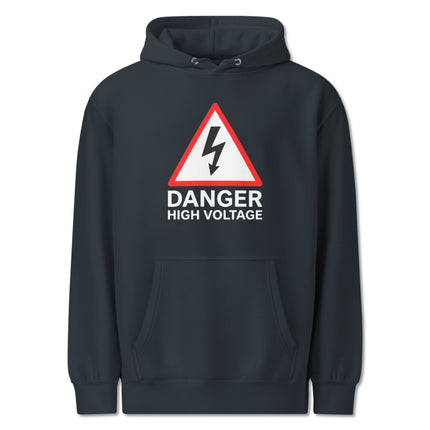 Danger High Voltage Warning Sign graphic on a black pullover hoodie.