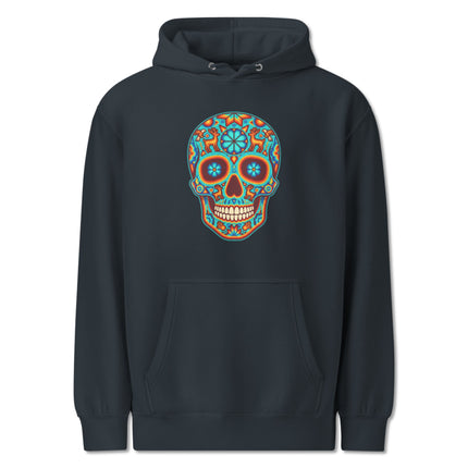Colorful Day of the Dead sugar skull hoodie featuring vibrant Huichol art print and pattern.