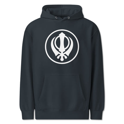 Unisex pullover hoodie featuring the Khanda Sikh symbol emblem design print.