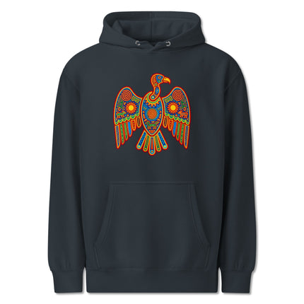 Indigenous Huichol vulture art graphic pullover hoodie featuring colorful traditional designs.