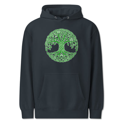 Emerald green hoodie featuring the Celtic Tree of Life knotwork graphic design. Irish style pullover fleece.