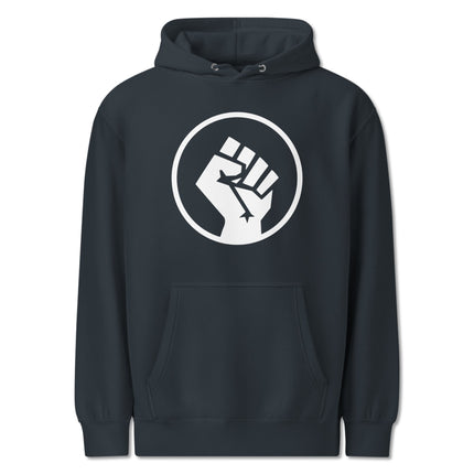 Socialist raised fist symbol graphic on a dark pullover protest activist hoodie.