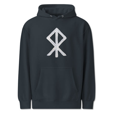 Norse rune hoodie featuring the Courage Bind symbol and Viking warrior design.