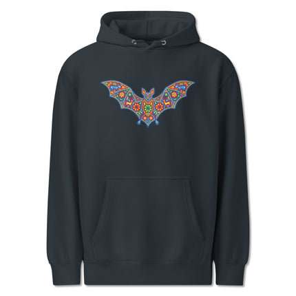 Colorful Huichol bat design on a Mexican indigenous folk art pullover hoodie.