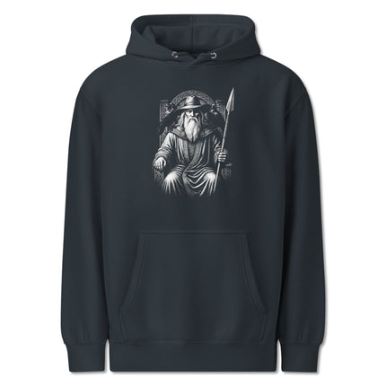 Norse gods Odin and Frigg hoodie with raven artwork, featuring a viking king and queen pullover design.