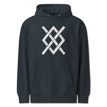 Distressed hoodie featuring Gungnir, Odin's spear, and Norse mythology Viking symbol print.