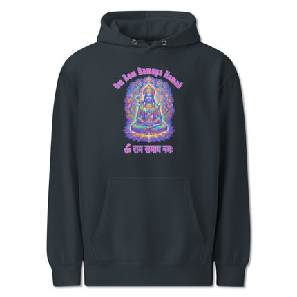 Psychedelic Lord Rama hoodie featuring Om Ramaya Namah Hindu mantra art print pullover.