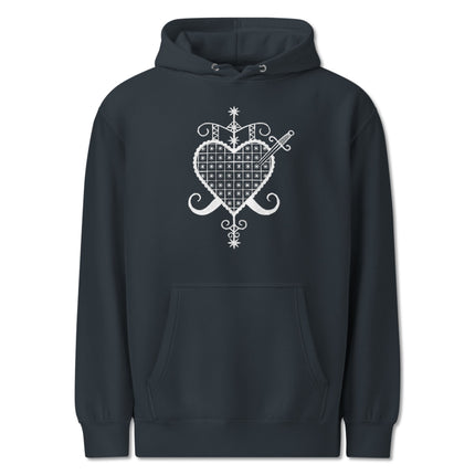Gothic hoodie featuring celestial heart, sacred geometry, and Erzulie Dantor Voodoo symbols.