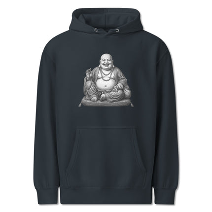 Happy Laughing Buddha graphic on a spiritual pullover hoodie featuring Zen vibes.