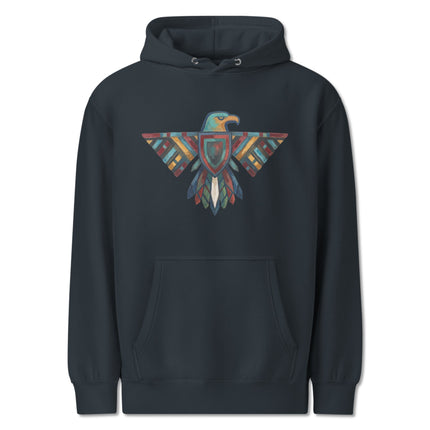 Colorful geometric Thunderbird pullover hoodie featuring Native American inspired tribal art pattern.