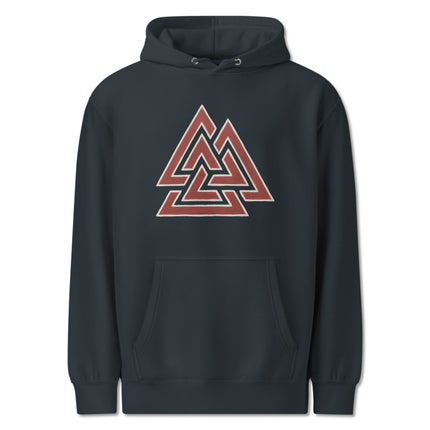 Red Valknut symbol graphic on a Norse mythology pullover hoodie.
