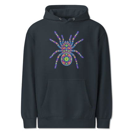 Vibrant Huichol tarantula spider print on a Mexican folk art pullover hoodie.