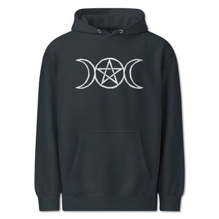Goddess witchy hoodie featuring triple moon and pentagram symbols graphic pullover fleece.