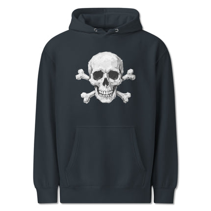 Black hoodie featuring gothic skull and crossbones skeletal art design print.
