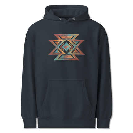 Southwestern hoodie featuring native American butterfly symbols and detailed tribal art pattern.