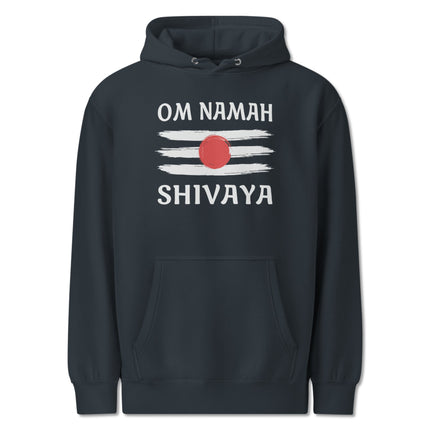 Unisex Om Namah Shivaya Tripundra mantra hoodie featuring devotional Shiva art pullover.