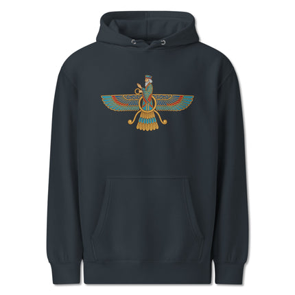 Faravahar symbol hoodie featuring ancient Zoroastrian Persian winged Ahura Mazda design.