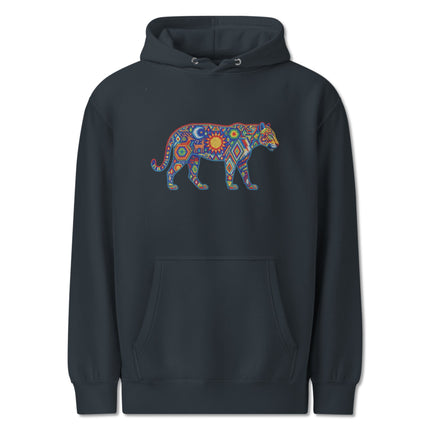 Vibrant Huichol jaguar art graphic on a colorful pullover fleece hoodie.