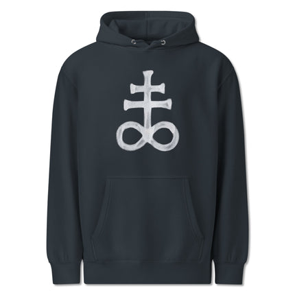 Black pullover hoodie featuring the Leviathan cross and brimstone symbol pagan alchemy graphic print.
