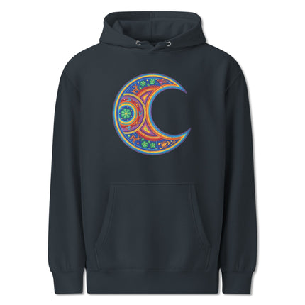 Colorful Huichol Moon Art Hoodie featuring indigenous crescent celestial patterns and vibrant designs.