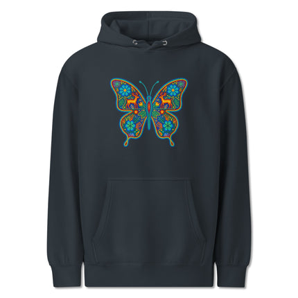 Colorful butterfly design hoodie featuring vibrant Huichol Mexican indigenous folk art print.
