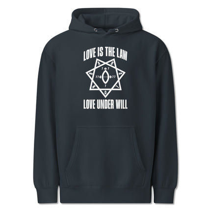 Love Is The Law occult hoodie featuring the Star of Babalon symbol and Thelema text design.
