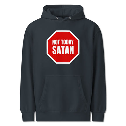Funny "Not Today Satan" pullover hoodie featuring an anti-devil stop sign graphic print.