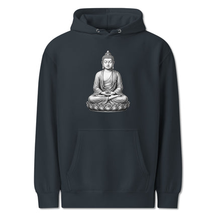 Serene meditating Buddha graphic printed on a spiritual zen pullover hoodie for mindfulness and peace.