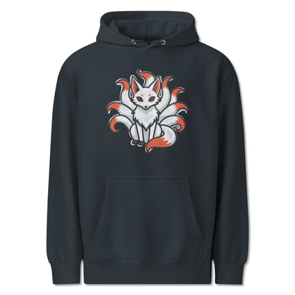 Kitsune nine-tailed fox pullover hoodie featuring Japanese mythology spirit art print.