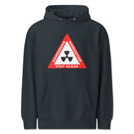 Dangerous radioactive hazard symbol hoodie with "Stay Clear" warning graphic print.