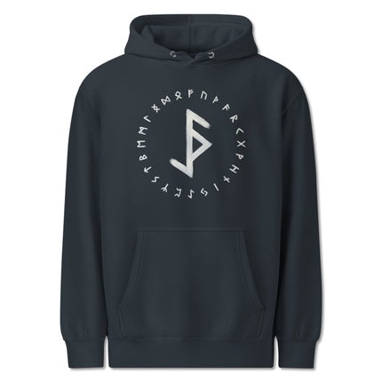 Viking runic hoodie featuring the Protection From Evil bind rune design.
