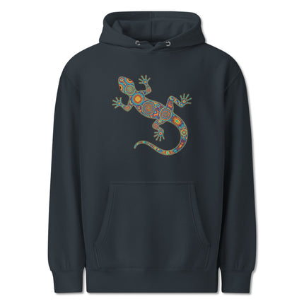 Mexican folk art pullover hoodie featuring vibrant Huichol-style colorful lizard and gecko design.