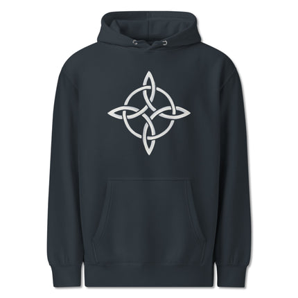 Witch's Knot Celtic magic symbol graphic on black pullover hoodie for protection.