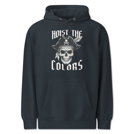 Pirate skull hoodie featuring a tricorn hat graphic print with "Hoist The Colors" text.