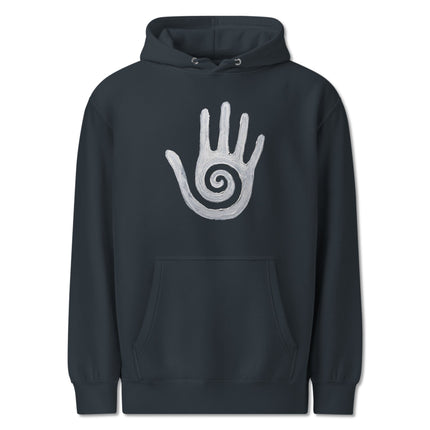 Hopi healing hand and spiral symbol design on a Native American art pullover hoodie.